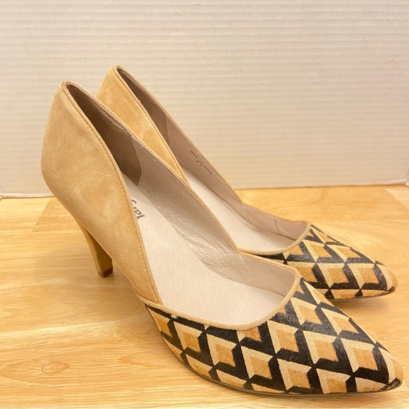 FarylRobin Women’s Hairy Almond Toe Chevron Print and Solid Tan High Heels - Picture 1 of 9